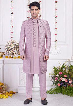 Embroidered Art Silk Sherwani in Purple