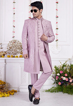 Embroidered Art Silk Sherwani in Purple