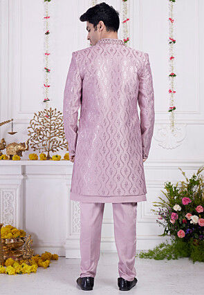 Embroidered Art Silk Sherwani in Purple