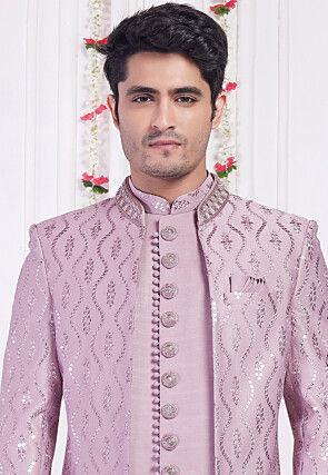 Embroidered Art Silk Sherwani in Purple