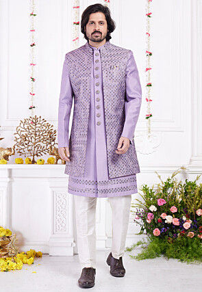 Embroidered Art Silk Sherwani in Purple