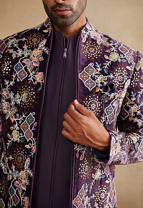 Embroidered Art Silk Sherwani in Purple