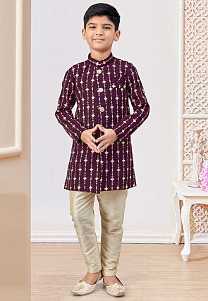 Embroidered Art Silk Sherwani in Purple