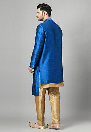 Embroidered Art Silk Sherwani in Royal Blue and Golden