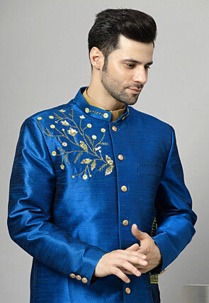 Embroidered Art Silk Sherwani in Royal Blue and Golden