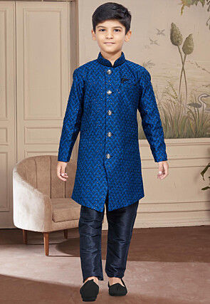 Embroidered Art Silk Sherwani in Royal Blue
