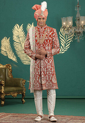 Embroidered Art Silk Sherwani in Rust