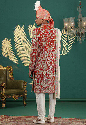 Embroidered Art Silk Sherwani in Rust