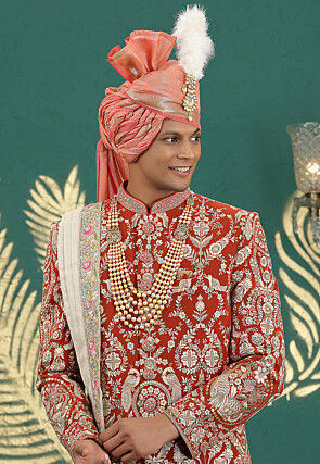 Embroidered Art Silk Sherwani in Rust
