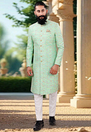 Embroidered Art Silk Sherwani in Sea Green