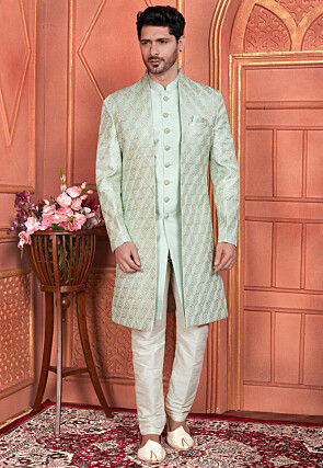Embroidered Art Silk Sherwani in Sea Green