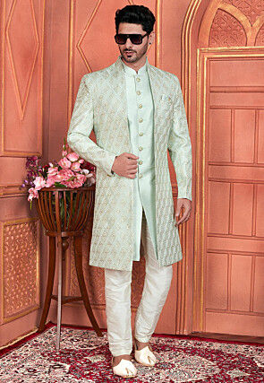 Embroidered Art Silk Sherwani in Sea Green