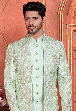 Embroidered Art Silk Sherwani in Sea Green
