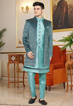 Embroidered Art Silk Sherwani in Sea Green