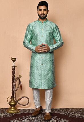 Embroidered Art Silk Sherwani in Sea Green