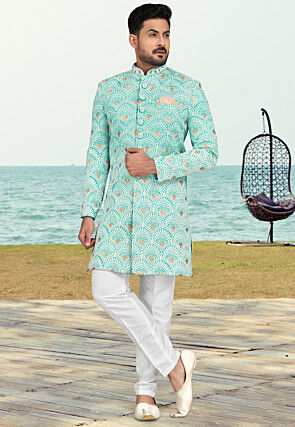 Embroidered Art Silk Sherwani in Sea Green