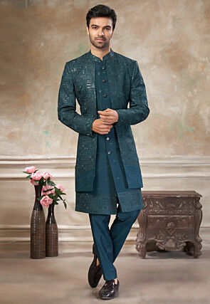 Embroidered Art Silk Jacket Style Sherwani in Teal Blue