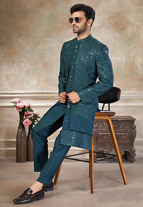 Embroidered Art Silk Jacket Style Sherwani in Teal Blue