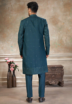 Embroidered Art Silk Jacket Style Sherwani in Teal Blue