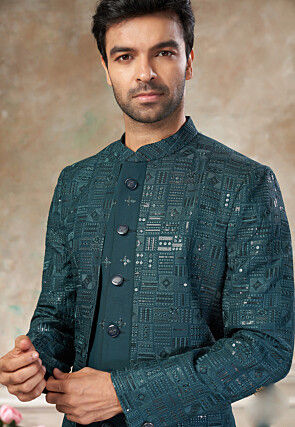 Embroidered Art Silk Jacket Style Sherwani in Teal Blue