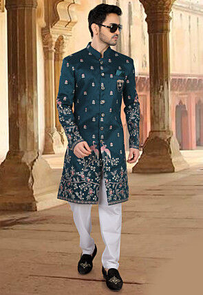 Embroidered Art Silk Sherwani in Teal Blue