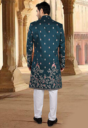 Embroidered Art Silk Sherwani in Teal Blue