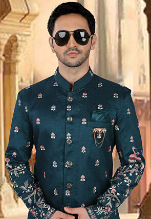 Embroidered Art Silk Sherwani in Teal Blue