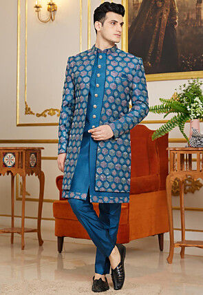 Embroidered Art Silk Sherwani in Teal Blue