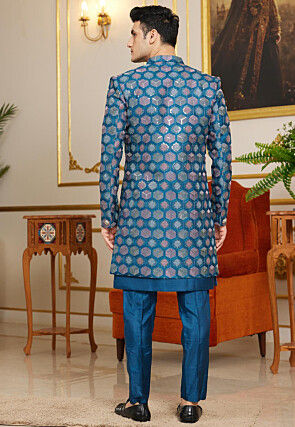 Embroidered Art Silk Sherwani in Teal Blue