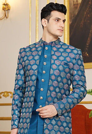 Embroidered Art Silk Sherwani in Teal Blue