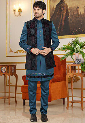 Embroidered Art Silk Sherwani in Teal Blue