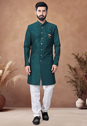 Embroidered Art Silk Sherwani in Teal Green