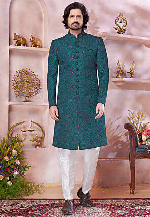 Embroidered Art Silk Sherwani in Teal Green