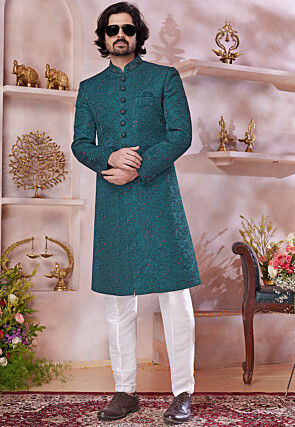 Embroidered Art Silk Sherwani in Teal Green