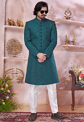 Embroidered Art Silk Sherwani in Teal Green