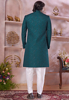 Embroidered Art Silk Sherwani in Teal Green