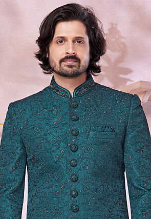 Embroidered Art Silk Sherwani in Teal Green