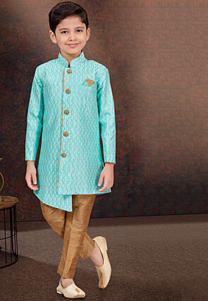 Embroidered Art Silk Sherwani in Teal Green