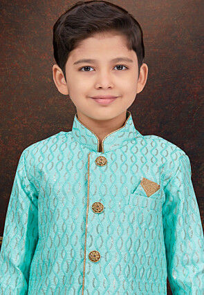 Embroidered Art Silk Sherwani in Teal Green