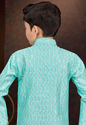 Embroidered Art Silk Sherwani in Teal Green