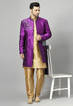 Embroidered Art Silk Sherwani in Violet and Golden