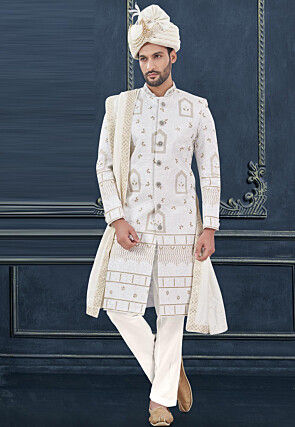 Embroidered Art Silk Sherwani in White