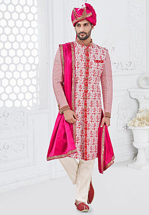 Embroidered Art Silk Sherwani in White