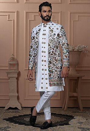 Embroidered Art Silk Sherwani in White