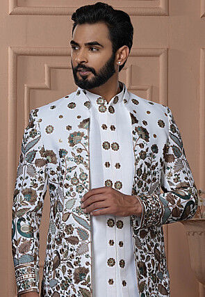 Embroidered Art Silk Sherwani in White