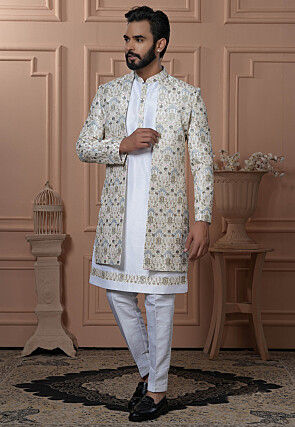 Embroidered Art Silk Sherwani in White
