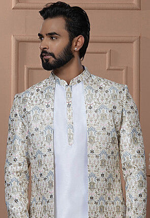 Embroidered Art Silk Sherwani in White
