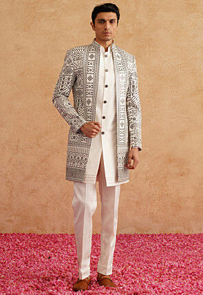 Embroidered Art Silk Sherwani in White