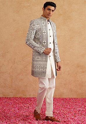 Embroidered Art Silk Sherwani in White