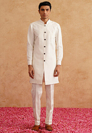 Embroidered Art Silk Sherwani in White